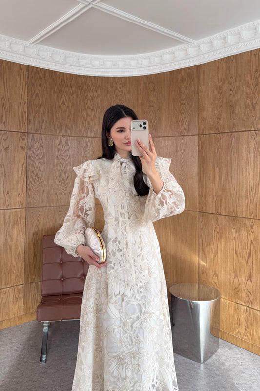Lace-Embroidered Scarf Collar Dress - beige