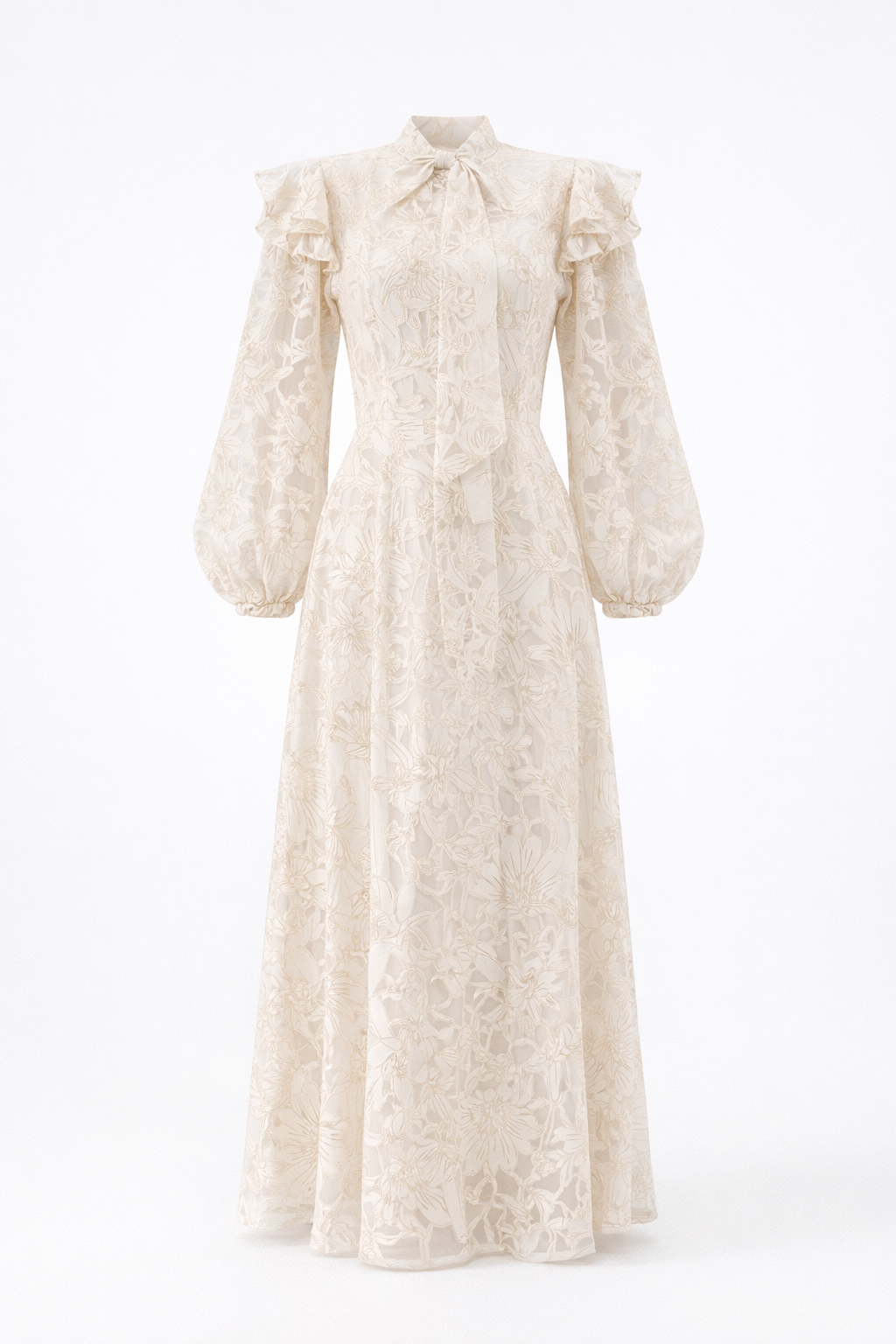 Lace-Embroidered Scarf Collar Dress - beige