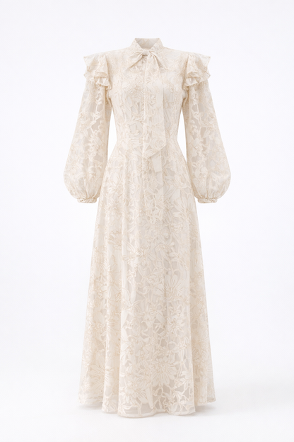 Lace-Embroidered Scarf Collar Dress - beige