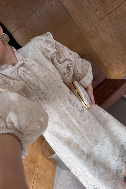 Lace-Embroidered Scarf Collar Dress - beige