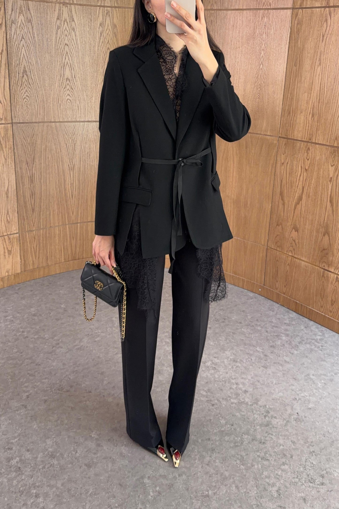 Lace-trimmed Black Premium blazer with belt
