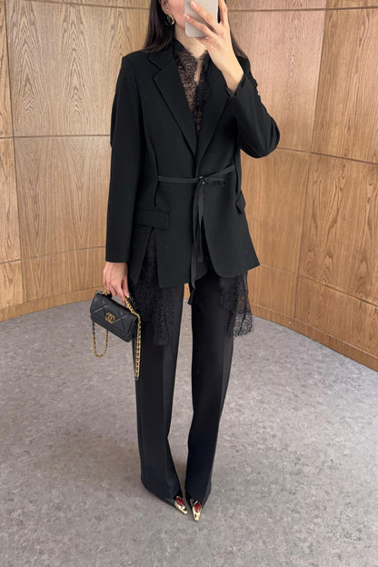 Lace-trimmed Black Premium blazer with belt