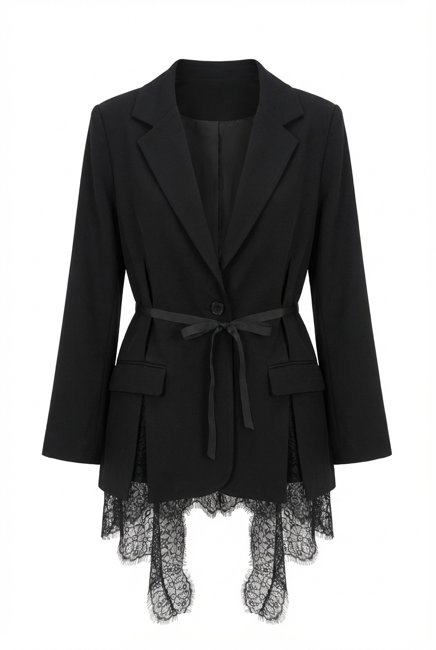 Lace-trimmed Black Premium blazer with belt