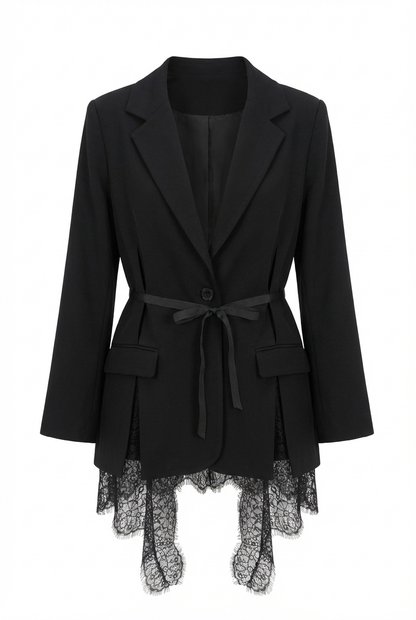 Lace-trimmed Black Premium blazer with belt