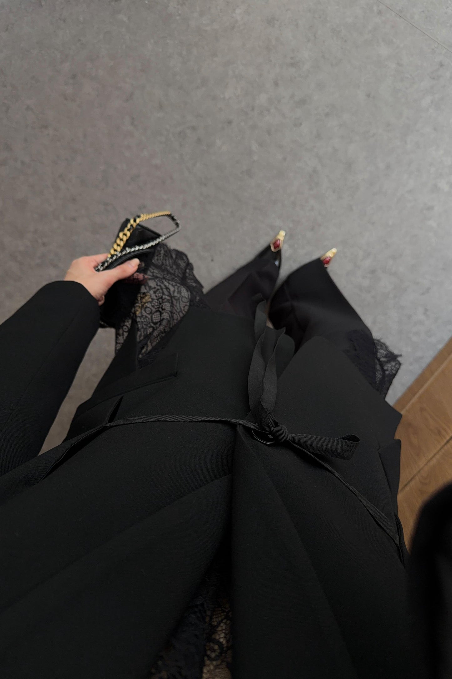 Lace-trimmed Black Premium blazer with belt
