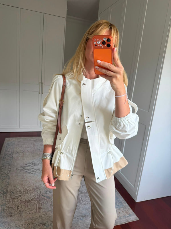 White High-Neck Jacket with Gathered Waist