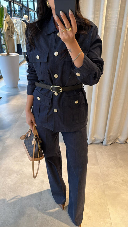 Belted double Pocket jeans suit