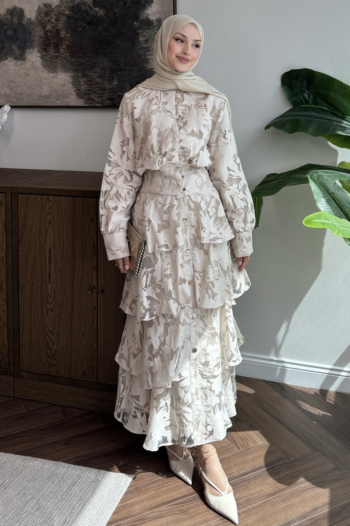 Gold button Ivory Floral Jacquard Layered Set - beige