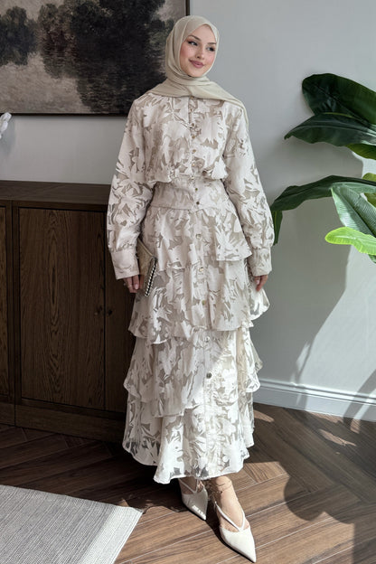 Gold button Ivory Floral Jacquard Layered Set - beige