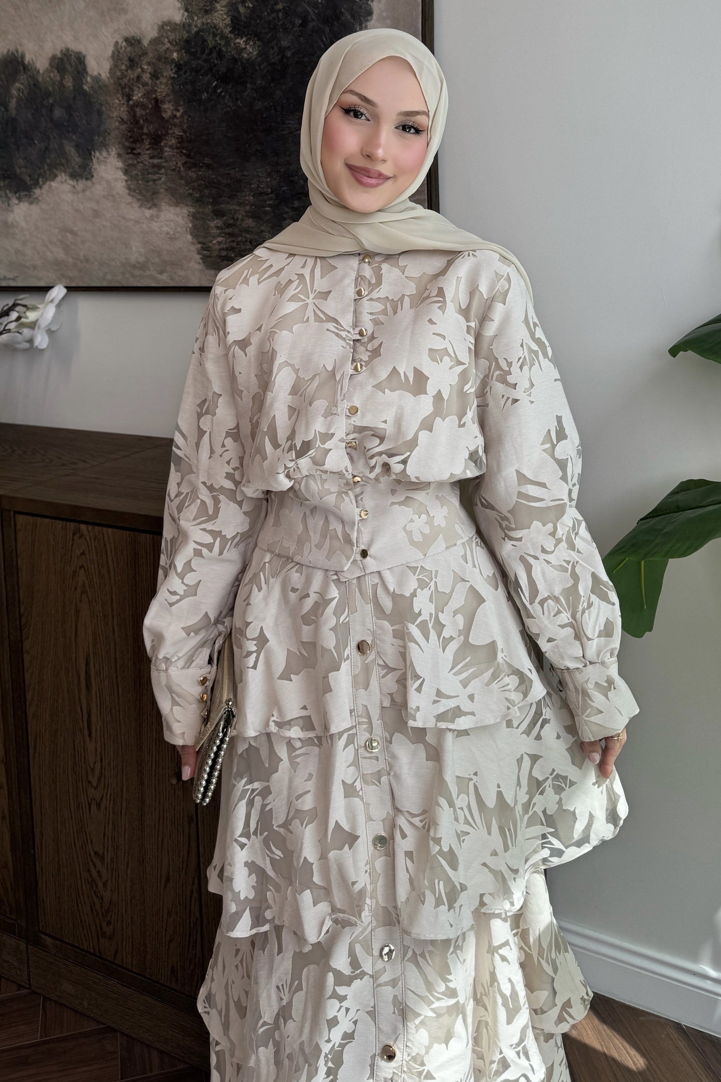 Gold button Ivory Floral Jacquard Layered Set - beige