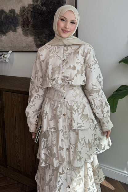 Gold button Ivory Floral Jacquard Layered Set - beige
