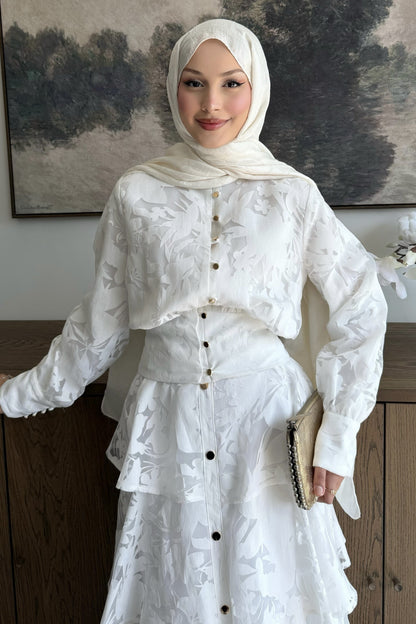 Gold button Ivory Floral Jacquard Layered Set - white