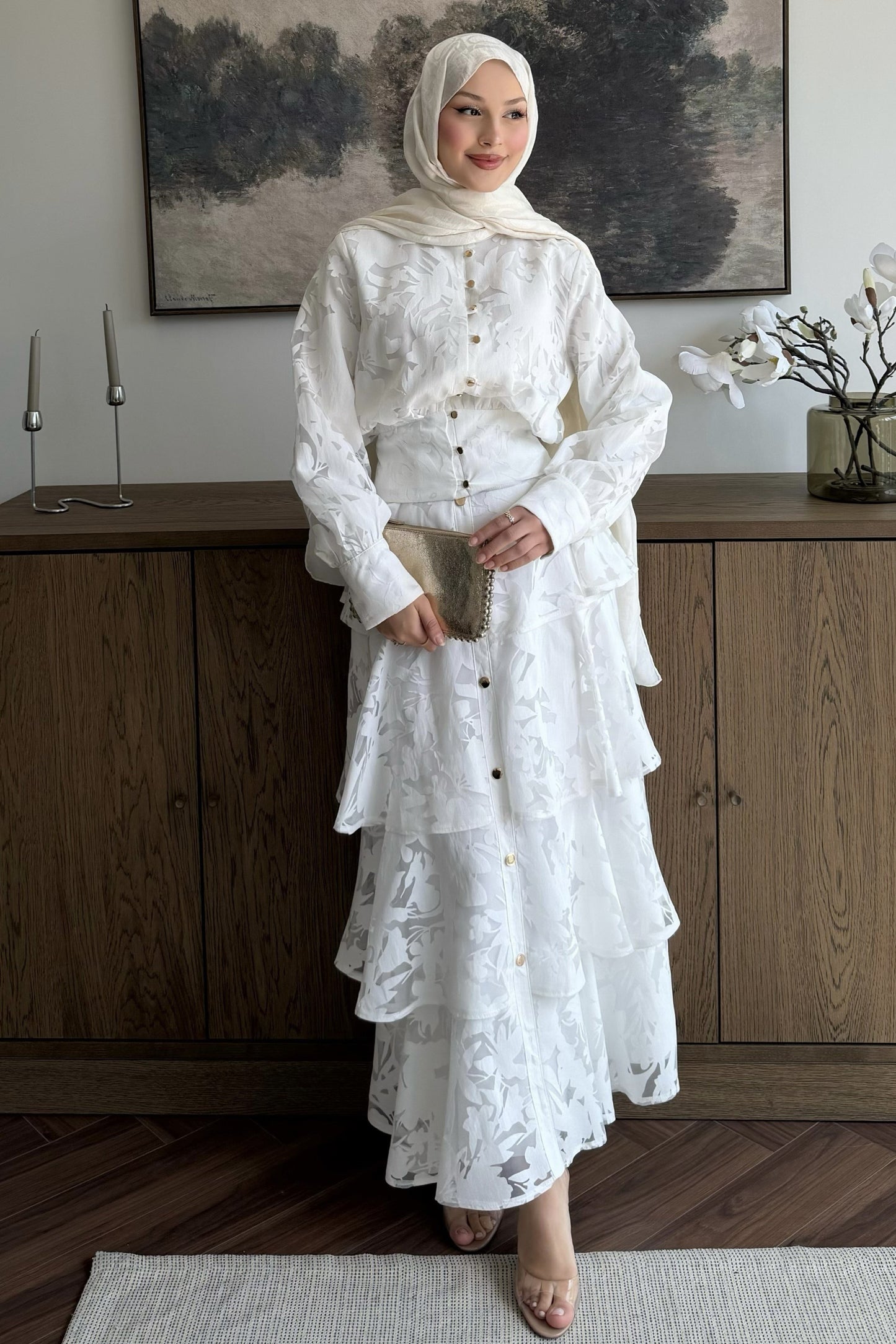 Gold button Ivory Floral Jacquard Layered Set - white