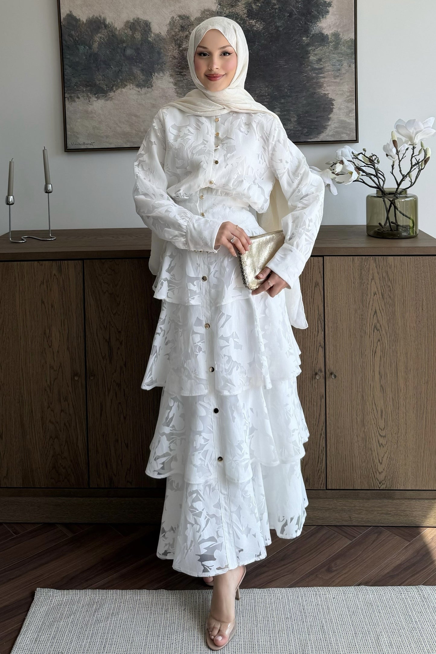 Gold button Ivory Floral Jacquard Layered Set - white