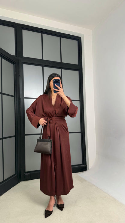Premium Satin Dress with Slit and Belt