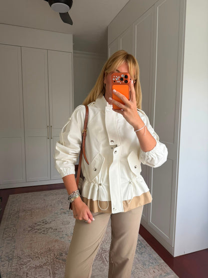 White High-Neck Jacket with Gathered Waist