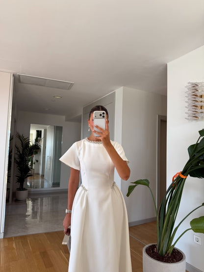 Dia Stone Detail Midi Dress - white