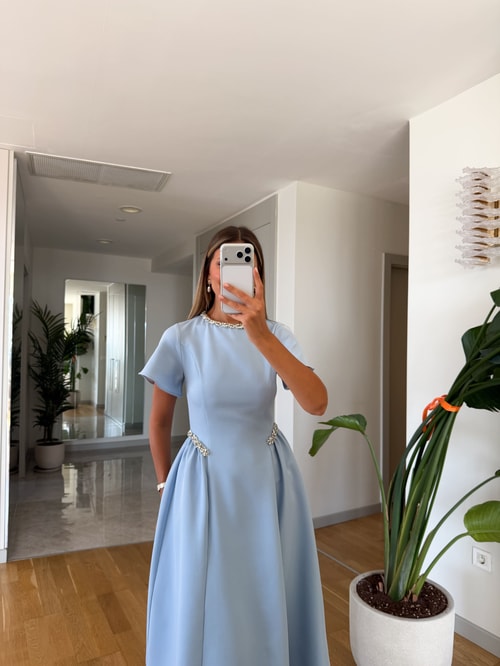 Dia Stone Detail Midi Dress - Blue