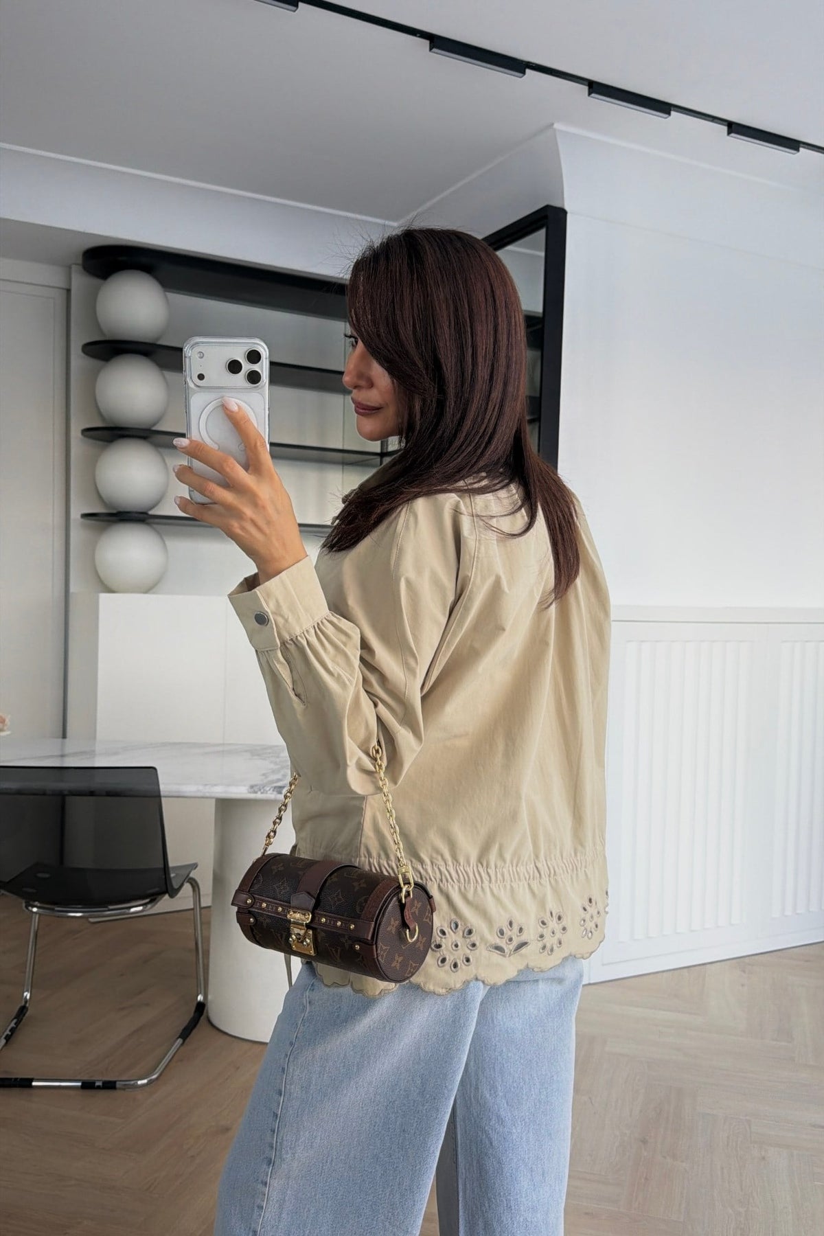 Jacket with Gathered Bottom and Embroidered Hem