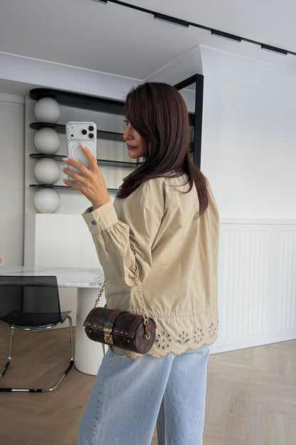 Jacket with Gathered Bottom and Embroidered Hem