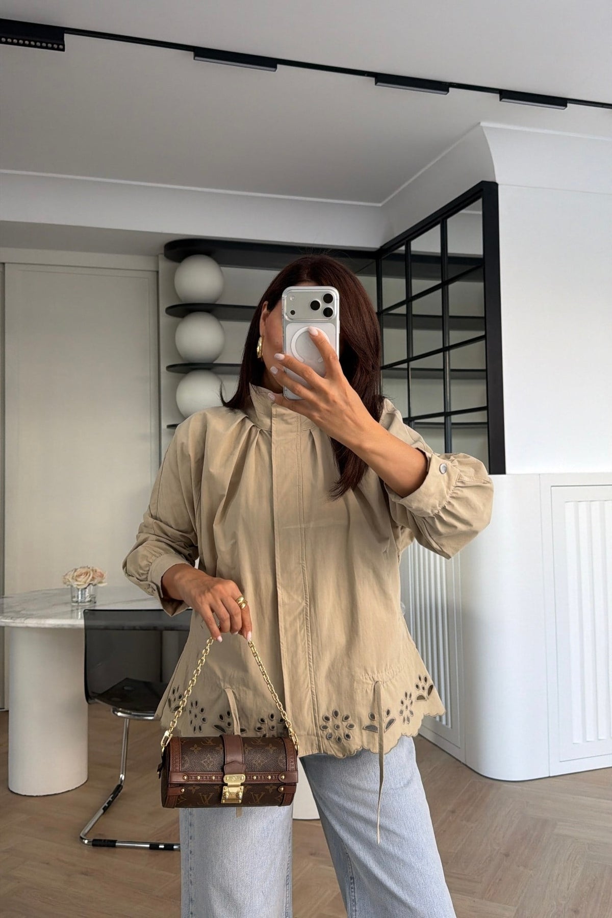 Jacket with Gathered Bottom and Embroidered Hem