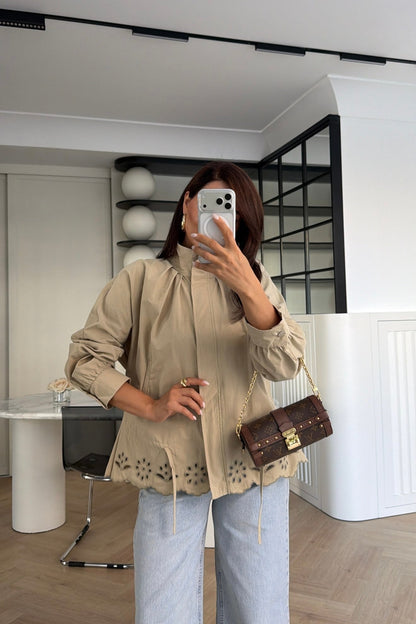 Jacket with Gathered Bottom and Embroidered Hem