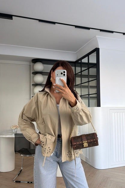 Jacket with Gathered Bottom and Embroidered Hem