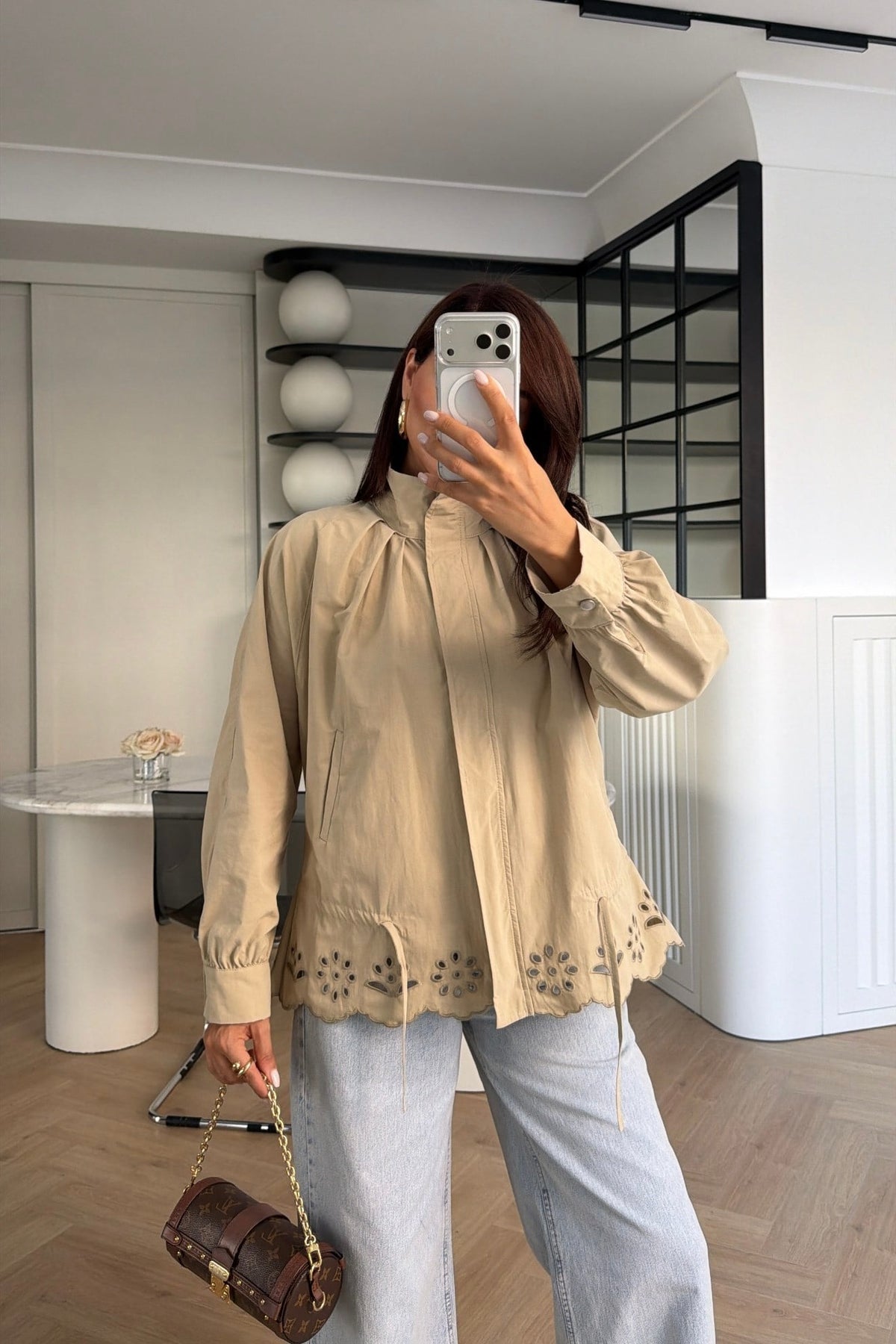 Jacket with Gathered Bottom and Embroidered Hem