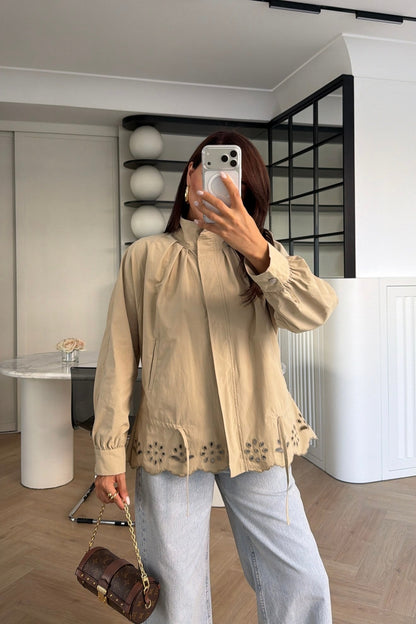Jacket with Gathered Bottom and Embroidered Hem