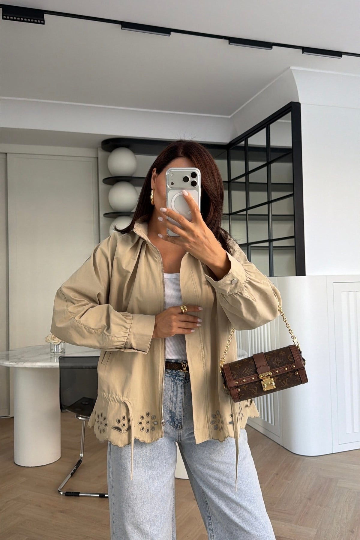 Jacket with Gathered Bottom and Embroidered Hem
