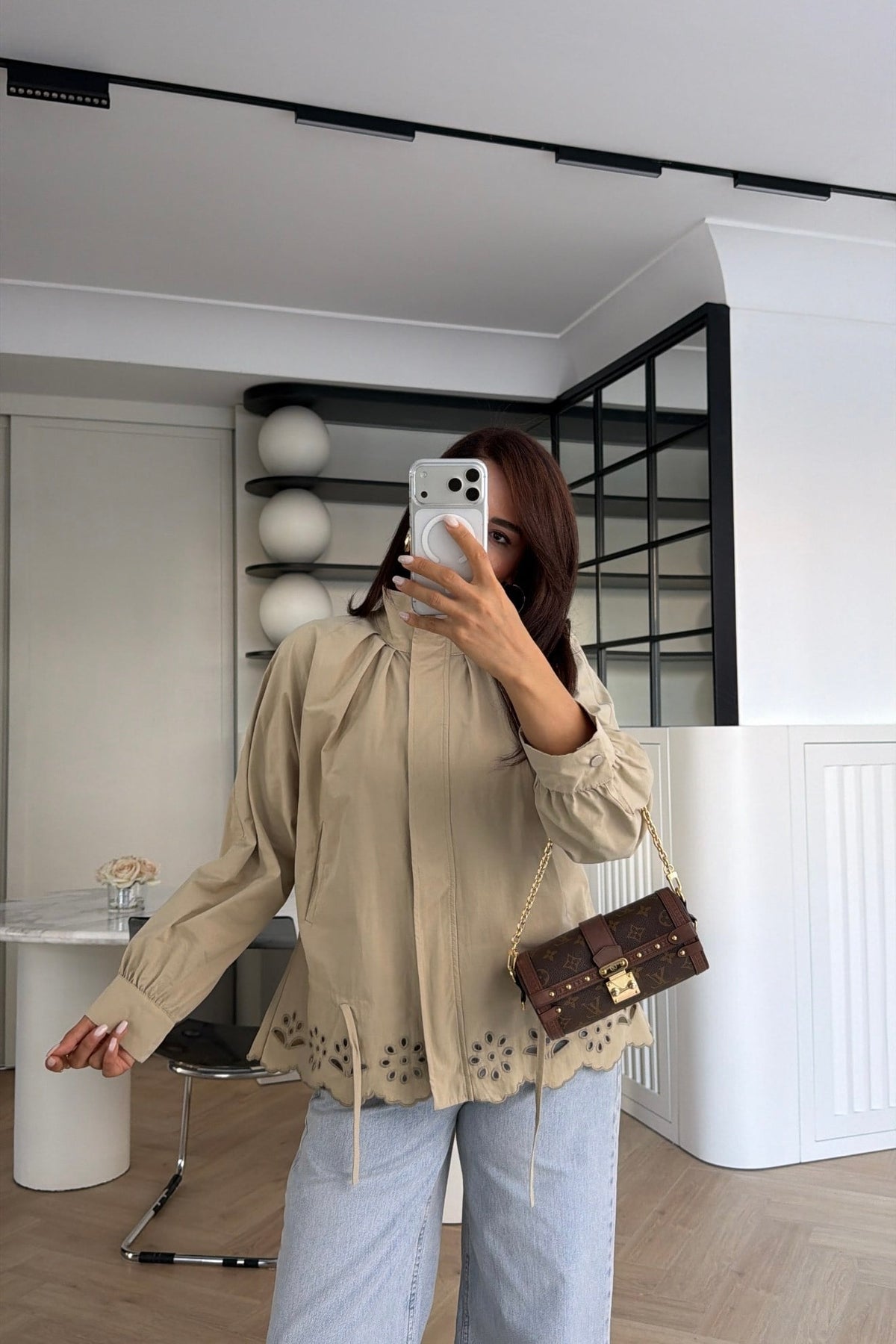 Jacket with Gathered Bottom and Embroidered Hem