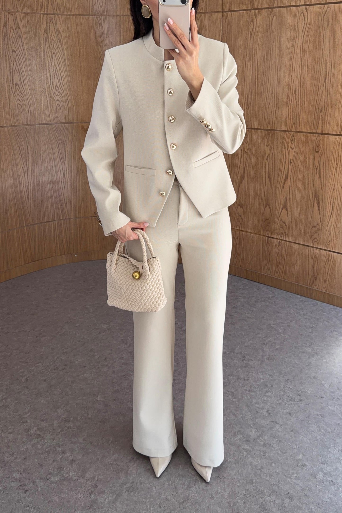Textured fabric Stand collar gold buttons suit
