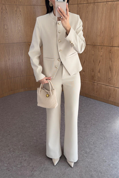 Textured fabric Stand collar gold buttons suit
