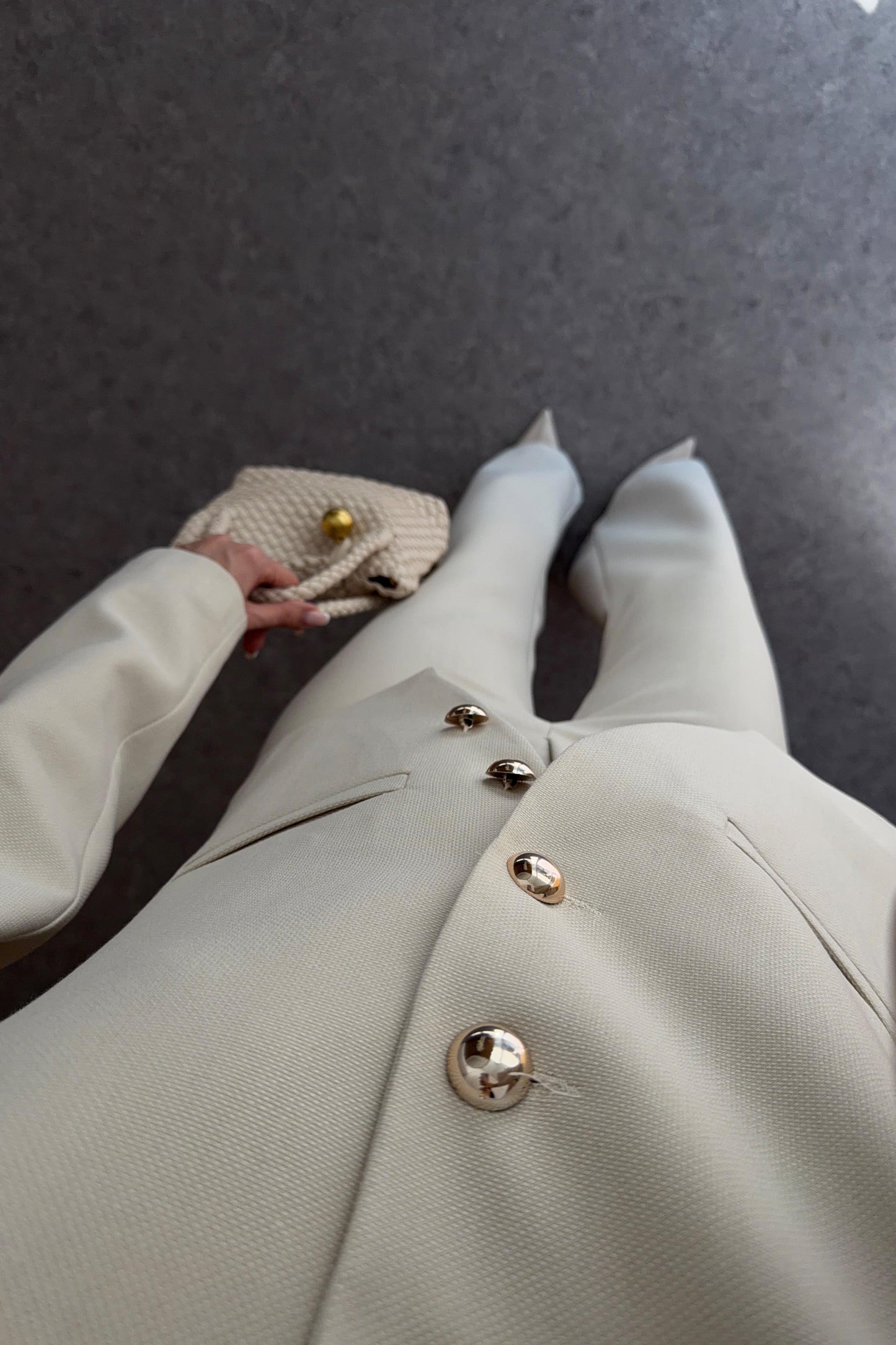 Textured fabric Stand collar gold buttons suit
