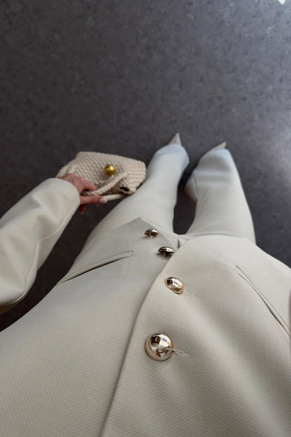 Textured fabric Stand collar gold buttons suit