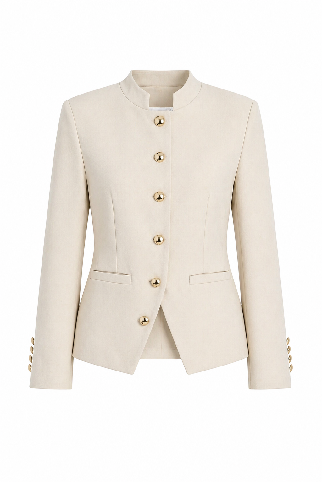 Textured fabric Stand collar gold buttons suit