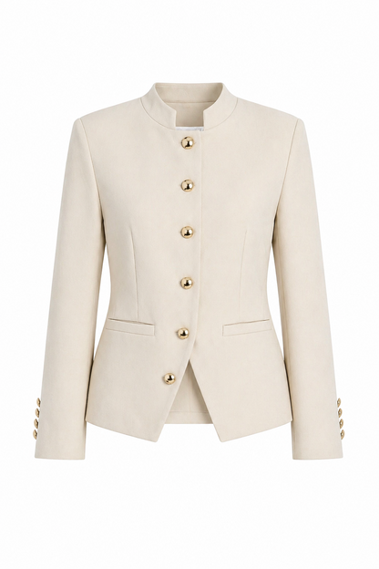 Textured fabric Stand collar gold buttons suit
