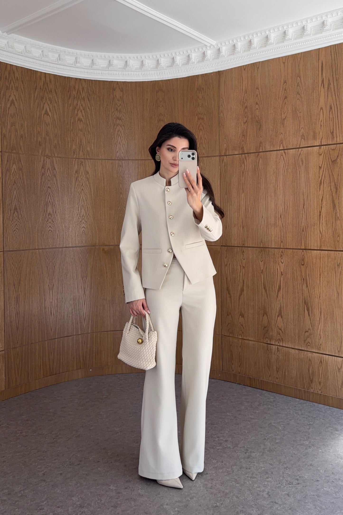 Textured fabric Stand collar gold buttons suit