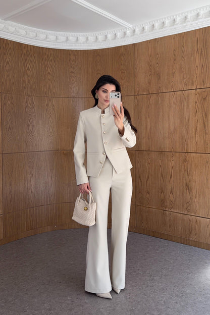 Textured fabric Stand collar gold buttons suit