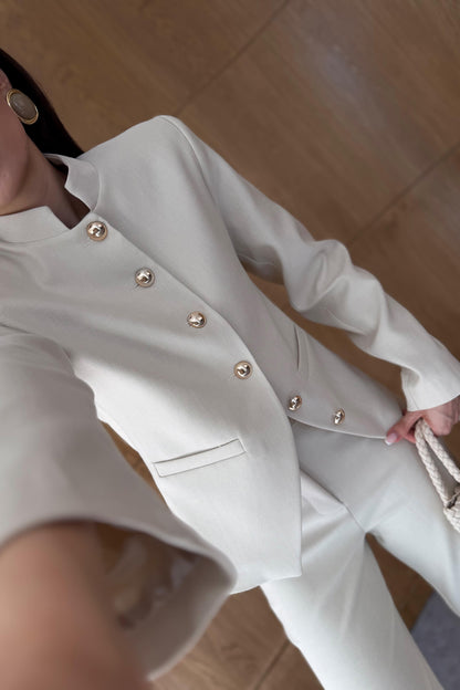 Textured fabric Stand collar gold buttons suit