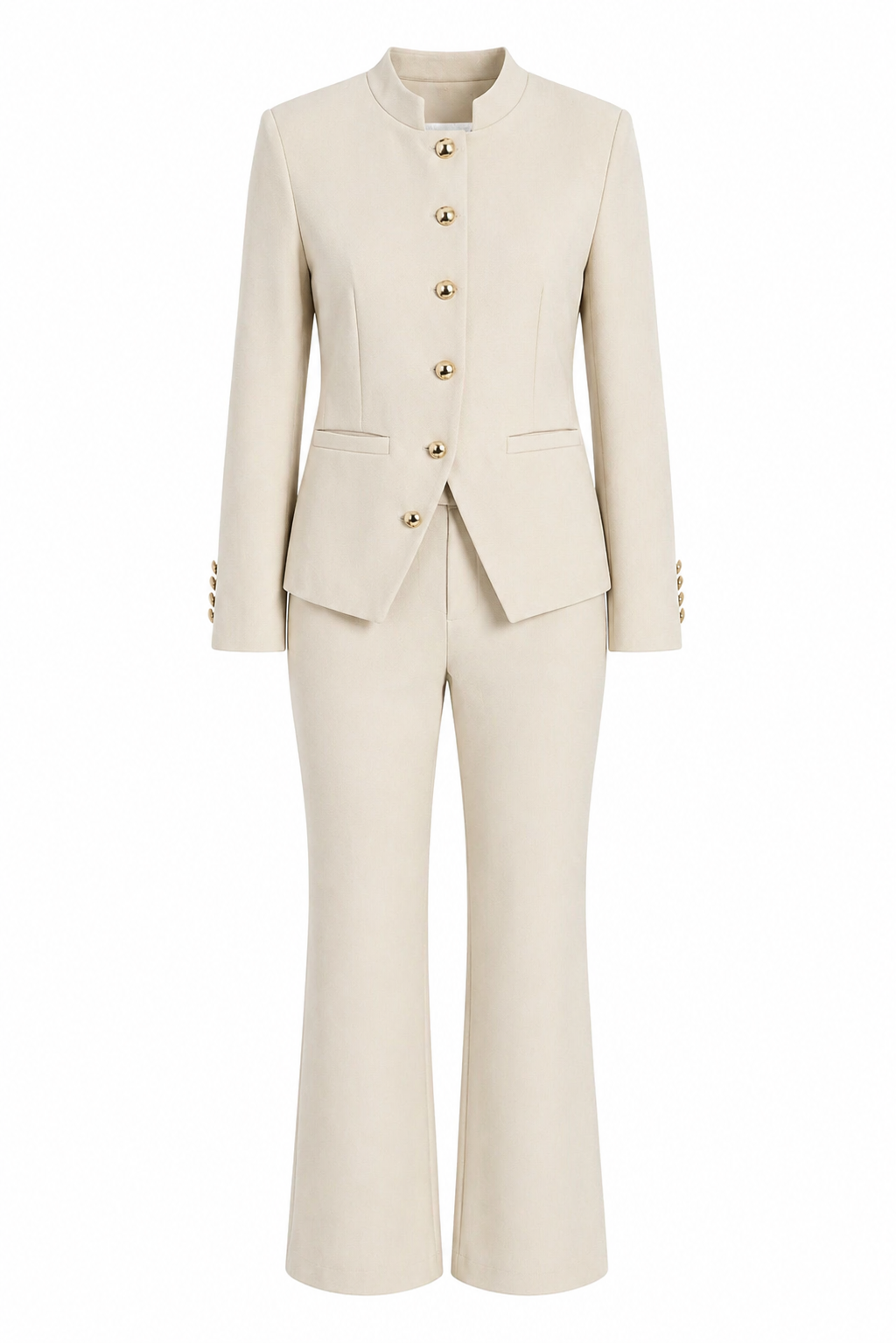 Textured fabric Stand collar gold buttons suit