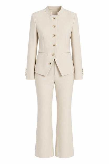 Textured fabric Stand collar gold buttons suit