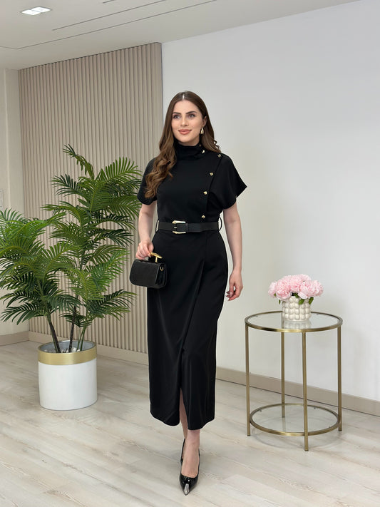 High-Neck Wrap Dress with Gold Buttons, Black
