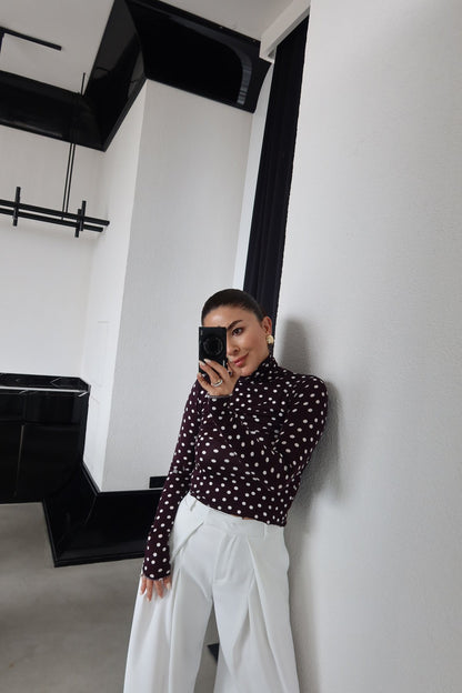 High-Neck Polka Dot cotton Blouse