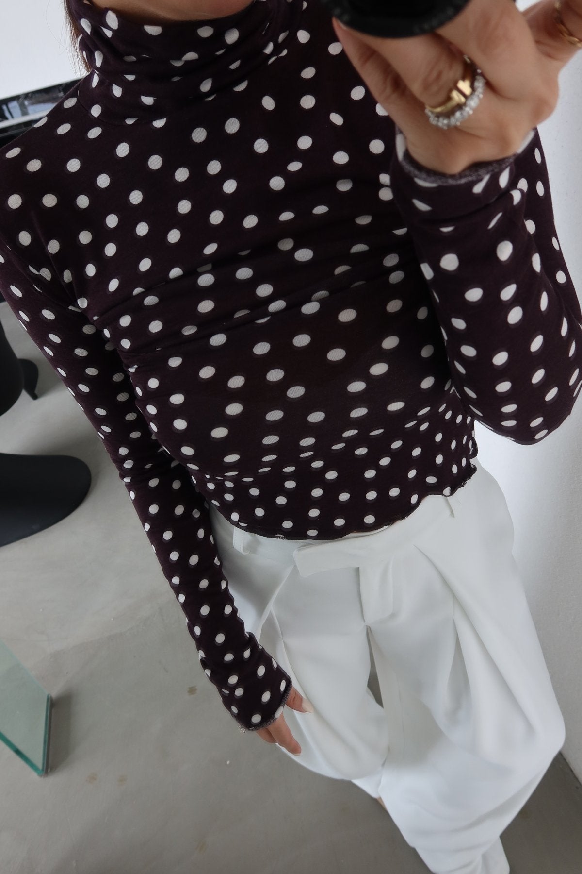 High-Neck Polka Dot cotton Blouse