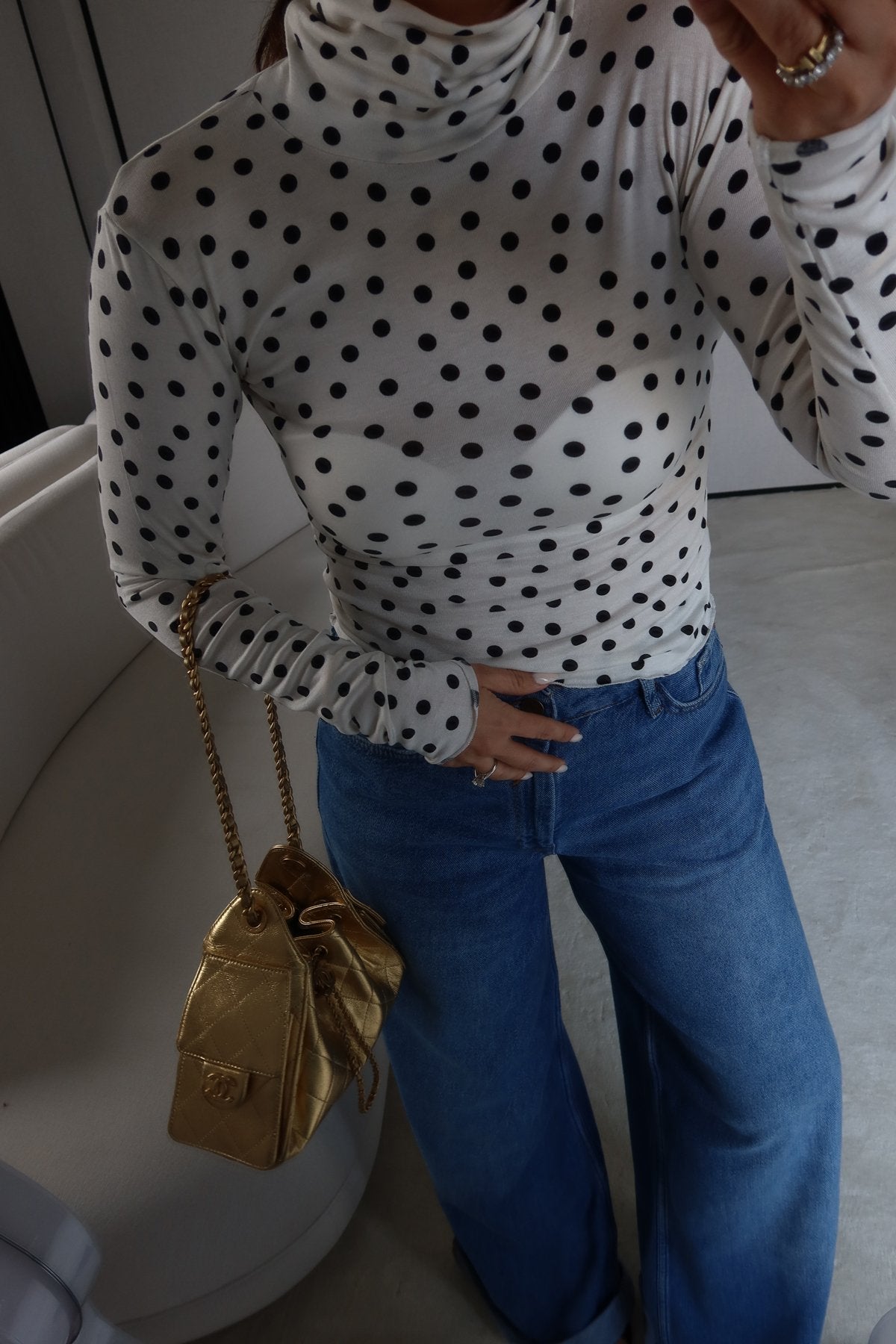 High-Neck Polka Dot cotton Blouse