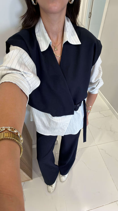 Vest with attached Shirt,waistband straight leg trouser co-ord Set