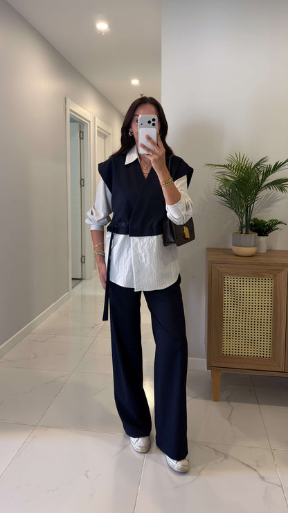 Vest with attached Shirt,waistband straight leg trouser co-ord Set