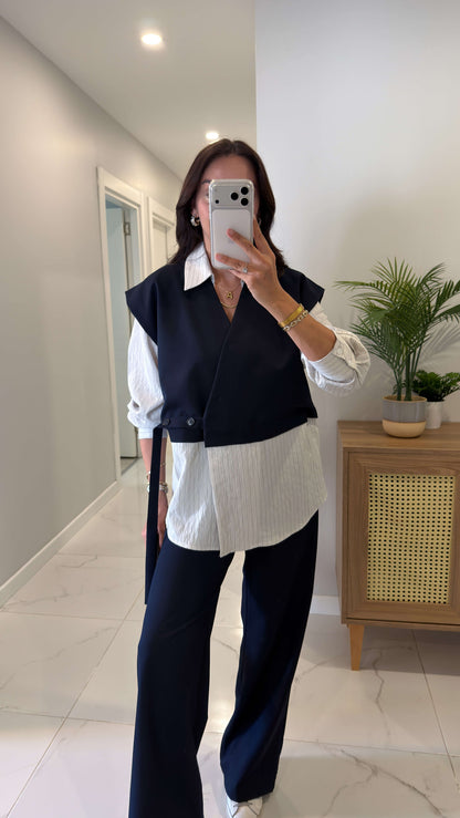 Vest with attached Shirt,waistband straight leg trouser co-ord Set