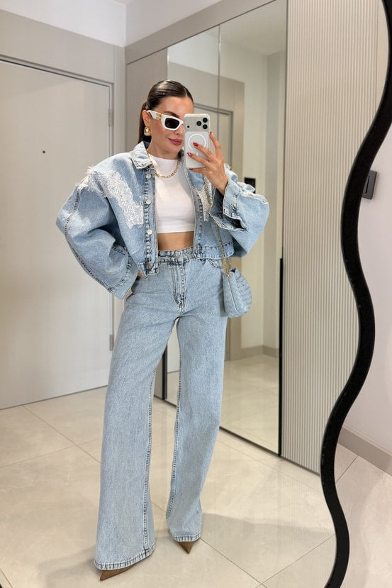 Zara model Dobbie Denim Suit with Lace Details